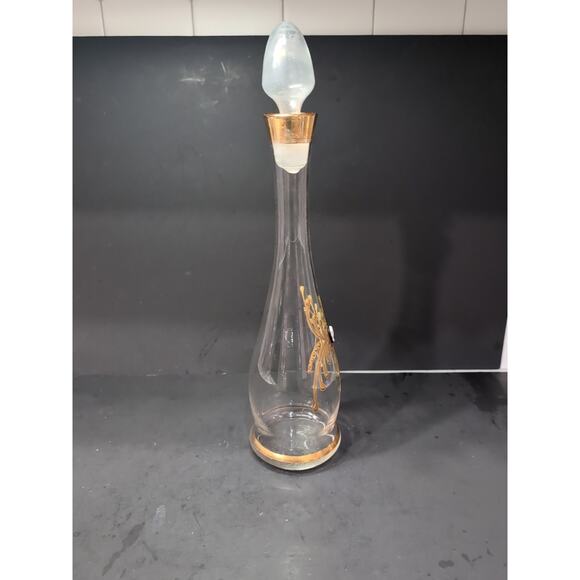 Mid Century Modern Decanter, Gold Accents Clear Glass Bottle, Vintage 3D Cameo - Picture 4 of 11